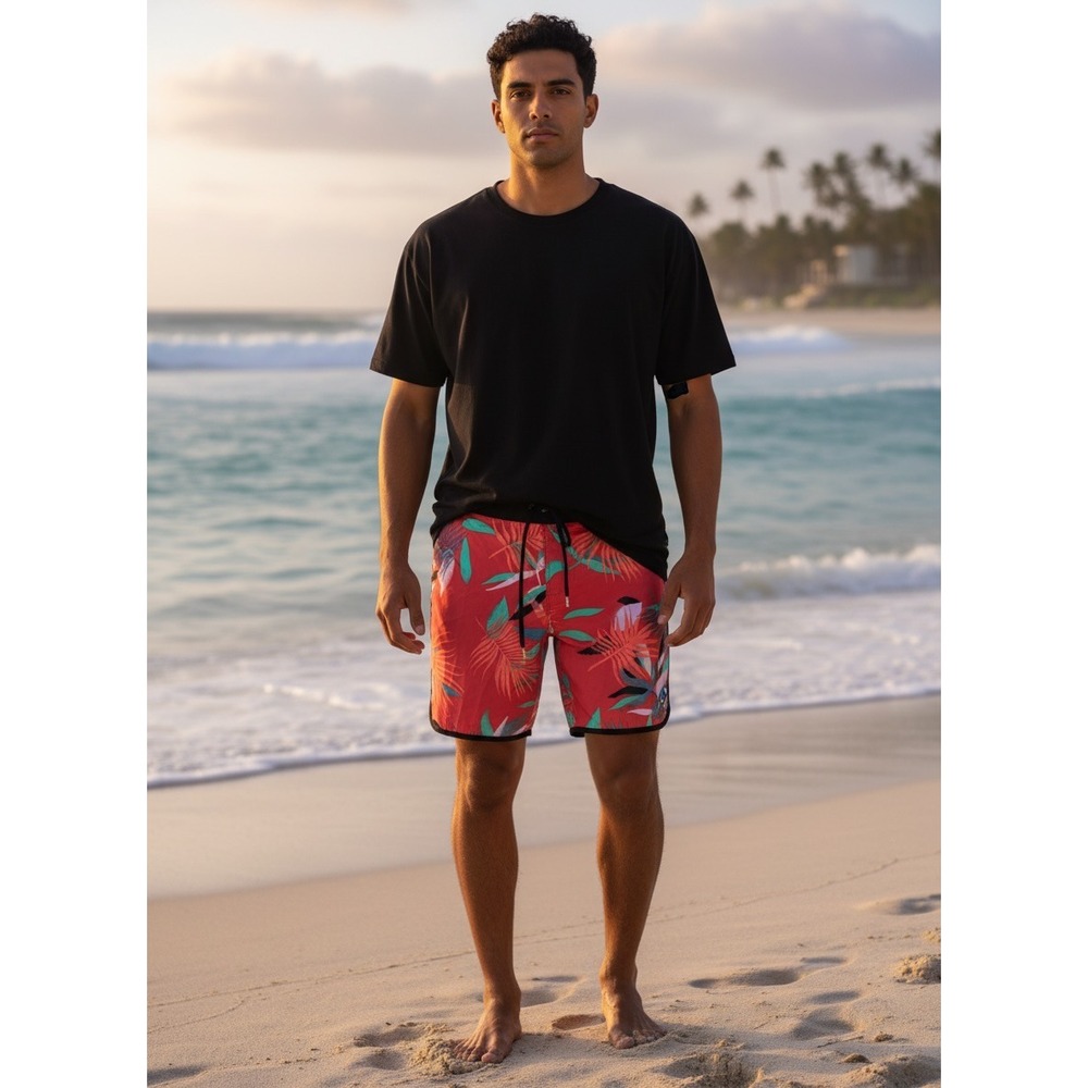 NWT Tropical Volcom Mod-Tech Board Shorts Palm Leaf Floral Red 28